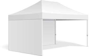 Mockup Promotional Advertising Outdoor Event Trade Show Pop-Up Tent Mobile Marquee. Illustration Isolated On White Background. Mock Up Template Ready For Your Design. Vector EPS10