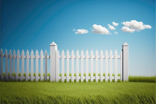 White Picket Fence Against Blue Sky With White Clouds On Green Grass