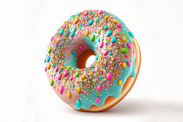 Obraz na płótnie Canvas Donut, green pastel color glazed, with colorful sprinkles decorated, isolated on white. AI generative