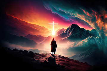 Jesus walking to the top of the mountain where the cross stands and the light falls on Calvary hill. at sunrise hope faith faith in jesus christ christianity Generative AI