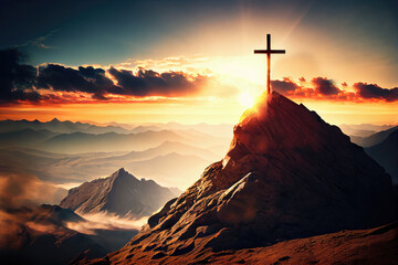 The cross sits at the top of the mountain, and the light shines on Calvary Hill. at sunrise concept of ascension day Christian Easter. Hope, Faith, Faith in Jesus Christ, Christianity Generative AI - obrazy, fototapety, plakaty