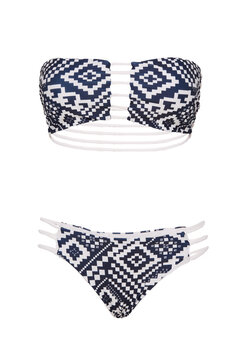 Subject shot of a two-piece blue and white patterned swimsuit composed of low-rise bikinis with side straps and a top with straps front and back. The photo is made on a white background. Front view.