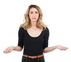 A young woman shrugging isolated on a PNG background.