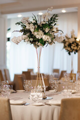 Wedding hall with decoration. Banquet hall for weddings, banquet hall decoration, atmospheric decor