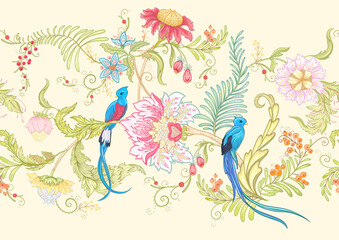 Fantasy flowers with bird of paradise quezal, in retro, vintage, jacobean embroidery style. Seamless border pattern, linear ornament, ribbon Vector illustration.