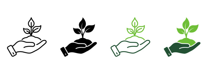 Ecology Organic Seedling Line and Silhouette Icon Set. Growth Eco Tree Environment. Plant in Human Hand Symbol Collection on White Background. Agriculture Concept. Isolated Vector Illustration - obrazy, fototapety, plakaty