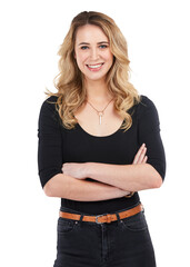 Fototapeta premium A young woman standing with hands crossed isolated on a PNG background.