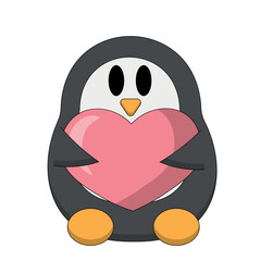 Cute cartoon Penguin and Heart. Draw illustration in color