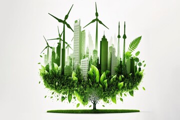 Green Energy Idea Green Leaf City With Buildings Generative AI