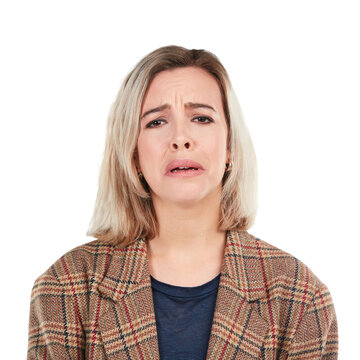 A Young Woman With Sad Emotional Facial Expressions Isolated On A PNG Background.