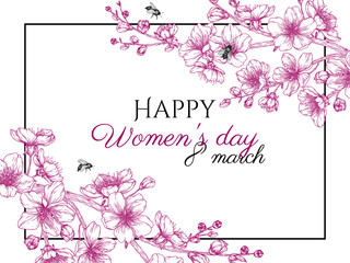 Vector illustration of a card for March 8. Cherry blossom branch and bee in engraving style