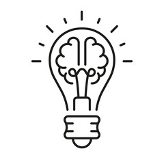 Fototapeta premium Light Bulb Inspiration, Knowledge, Smart Solution Linear Symbol. Innovation Outline Sign. Human Brain and Lightbulb Creative Idea Concept Line Icon. Editable Stroke. Isolated Vector Illustration