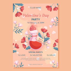 Valentine's Day Party poster template design. Love potion bottle concept illustration with red and pink flowers behind it. Event invitation for club, decorative clouds, hearts and floral frame around.