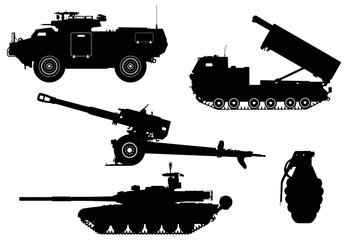 Set Of Heavy Military Weapons, Artillery Army Land Forces, Tank, Howitzer, Rocket Projector, Armored Vehicle, Grenade Silhouettes