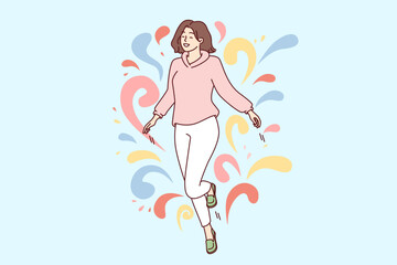 Obraz na płótnie Canvas Woman walks in weightlessness and waves arms located among multi-colored drops flying in different directions. Carefree girl feels happy after dating or taking antidepressants. Flat vector design 