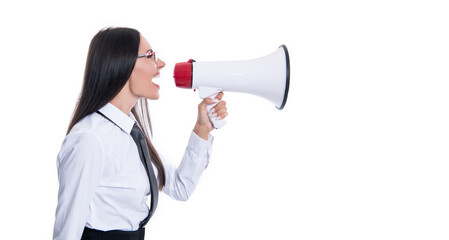 woman advertising with loudspeaker isolated on white, advertisement. woman advertising