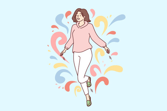 Woman walks in weightlessness and waves arms located among multi-colored drops flying in different directions. Carefree girl feels happy after dating or taking antidepressants. Flat vector design 