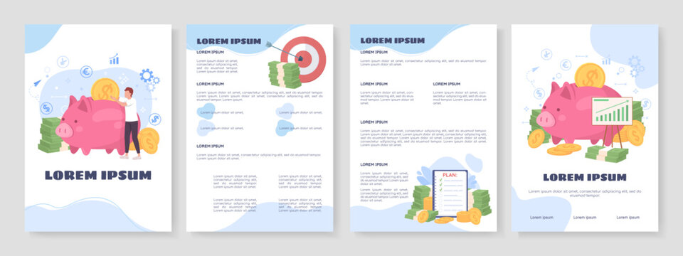 Savings plan flat vector brochure template. Booklet, leaflet printable flat color designs. Editable magazine page, reports kit with text space. Sigmar One, Comfortaa, Balsamiq Sans fonts used