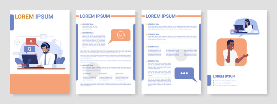 Retail call center flat vector brochure template. Communication with customers booklet, leaflet printable flat color designs. Editable magazine page, reports with text space. Sniglet Regular font used