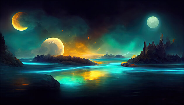 Futuristic fantasy night landscape with abstract landscape and island
