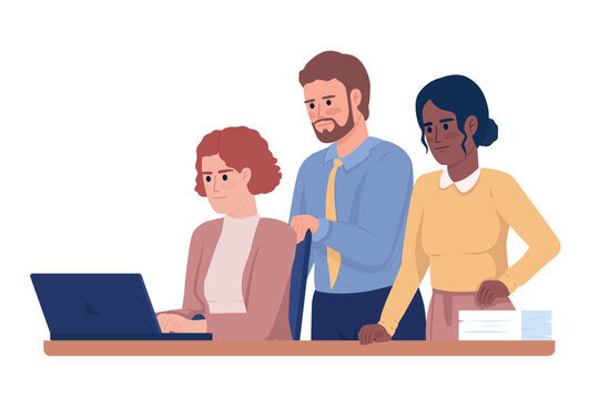 Colleagues working on project together semi flat color vector characters. Editable figures. Full body people on white. Simple cartoon style illustration for web graphic design and animation