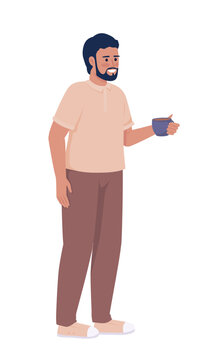 Smiling man with coffee cup semi flat color vector character. Taking break. Editable figure. Full body person on white. Simple cartoon style illustration for web graphic design and animation