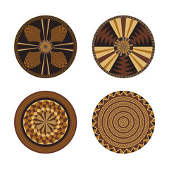 Set of African decorative elements. Round ornament pattern. Collection of mandalas in tribal style. Design baskets from Botswana.