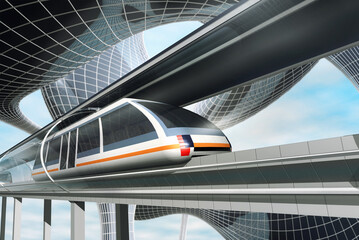 Concept of magnetic levitation train moving on the sky way in vacuum tunnel across the city. Modern city transport. 3d rendering illustration.
