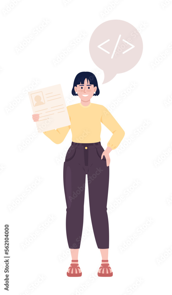 Poster female job applicant with programming experience semi flat color vector character. editable figure. 