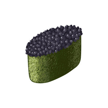recommend clip art: Japanese gunkan sushi with black caviar and rice wrapped in nori seaweed. Vector clipart. 