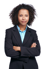 Black woman, business studio portrait and arms crossed, vision and suit by white background. Corporate leader woman, focus and proud with smile, strategy or mission for motivation, success and goals