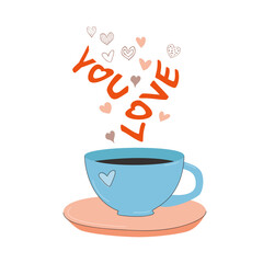 inscription love you more than coffee. cup and heart. card. Valentines Day.