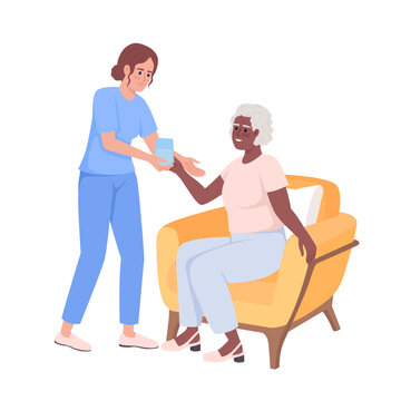 Female caregiver giving glass to senior woman semi flat color vector characters. Editable figures. Full body people on white. Simple cartoon style illustration for web graphic design and animation
