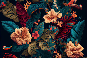 Tropical exotic pattern with parrots and flowers in bright colors and lush vegetation, generative AI