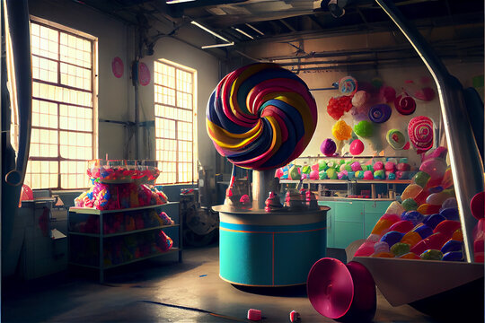 Fantastic magical candy factory with multicolored treats, generative AI