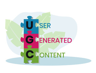 UGC. User-generated Content acronym. lettering illustration with icons for web banner, flyer, landing page, presentation, book cover, article, etc.