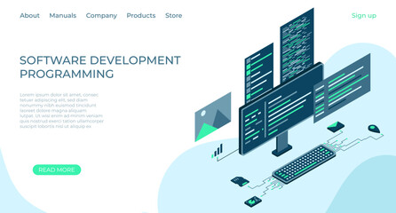 Programming web banner. Modern flat design isometric concept of technology for banner and website. Isometric landing page template. Vector illustration