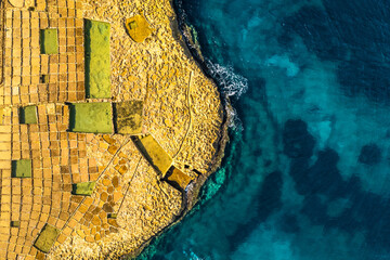 Salt Pans, Xwejni Bay, Xwejni, Gozo Island, Malta, aerial drone view