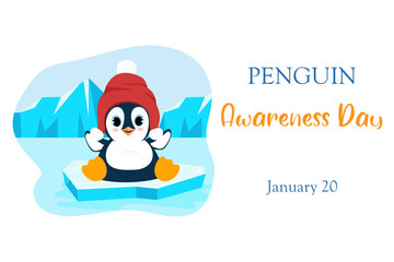 Penguin Awareness Day January 20th, cute cartoon character, penguin, holiday illustration with penguin in natural habitat in cartoon templates