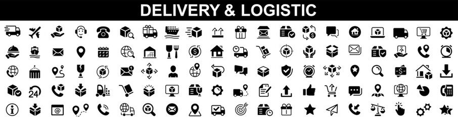 Delivery, logistics 100 icon set. Courier, shipping, express delivery, tracking order, support, business. Shipping symbol. Delivery service icon. Vector illustration