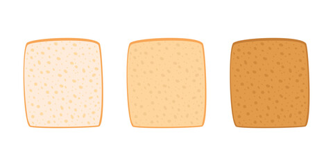 Toast bread cut slice from wheat set. Toasted piece bakery food. Slices of toast bread with varying degrees of toasting. Square loaf, white bread. Vector illustration