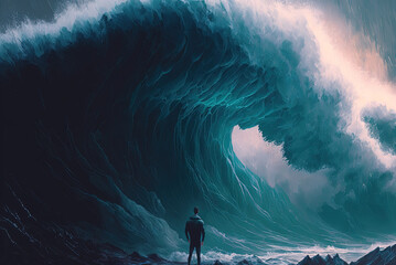Painting of a man standing in front of a giant wave. Generative AI.