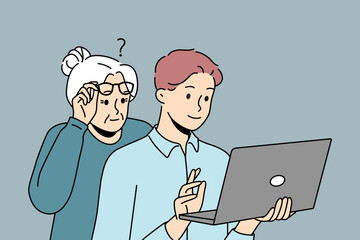 Millennial grandson help confused older grandmother with laptop problem. Caring guy assist mature grandma with compute. Elderly and technology. Vector illustration. 