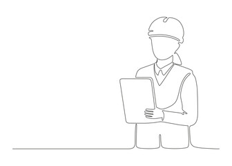 Fototapeta na wymiar Woman architect builder holding blueprint paper in arm, single continuous line drawing. Professional worker in helmet. Plan of building construction on paper. Minimalism one art line draw. Vector