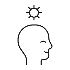 Head profile with happy positive mind, line icon. Face with sun. Control of mind, positive thinking, psychology. Vector