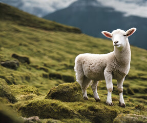 Naklejka premium photo of a cute fluffy The Lamb in the mountains, Easter, Christian festivity- AI Generated