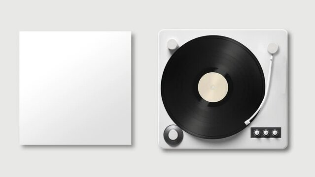 A smooth minimal animation of a vinyl record disc moving out of an album cover onto a record player.
