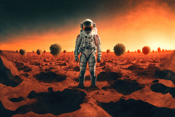 Fototapeta premium Astronaut standing in a field on planet Mars - Generative AI