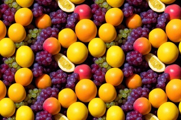 Fototapeta na wymiar マルシェ 青果市場のみずみずしい果物 グレープフルーツ ぶどう マスカットのパターンイラスト Generative AI