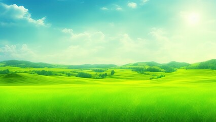 Fototapeta na wymiar Scenic green hills nature sky horizon meadow grass field rural land agriculture grassland.